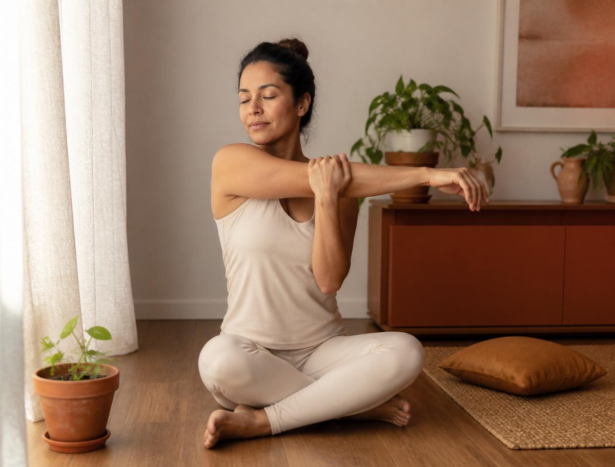 Alongamento postural em casa com luz de janela